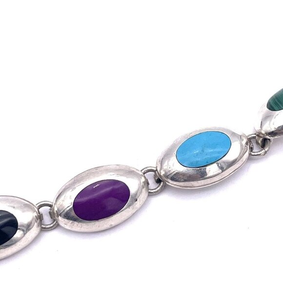 Vintage Taxco Mexico 925 Sterling Silver Bracelet Oval Multi-Gemstone - Picture 6 of 8